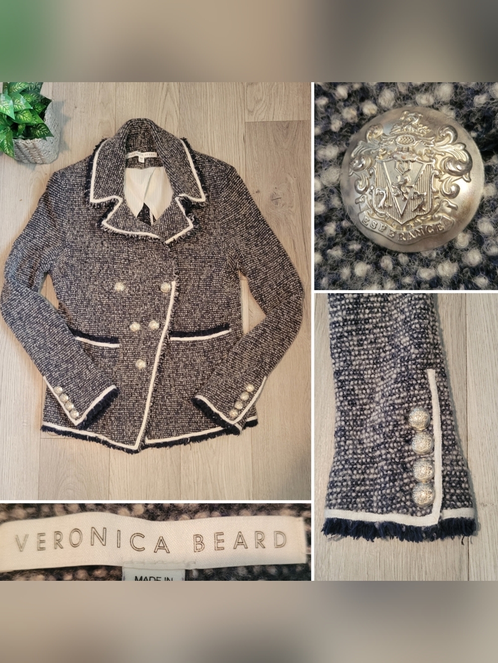Veronica Beard Carroll Portrait Neckline Navy White Wool Blend Fringe Blazer, 12 - Picture 1 of 16